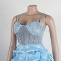 Sexy Rhinestone Bodycon Ruched Puff Suspenders Dresses Women Sheer Mesh Birthday Party Night Clubwear Summer Dresses Robes
