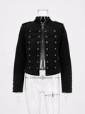 Cropped Denim Jacket Women Stand Collar Bell Sleeves Double Breasted Splicing Retro Fashion Biker-Style Coat Autumn 2026