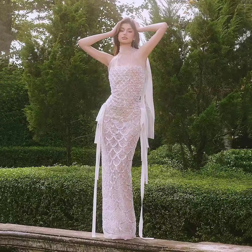 2026 New Sexy Luxury Sparkly Silver Sequin See Through Mesh Long Dress Women Evening Birthday Party Bar Stage Show Costum