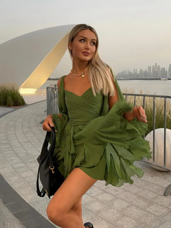 Irregular Mesh Split Long Sleeve Dress Sexy Green Lace Up Pleated Hem High Waist Vestido Summer Lady Vacation Beach Gowns