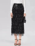 Luxury Sequins Midi Women Skirts High Waist Tassel Skirt for Party Gathering Evening Event Wear Fashion Summer New