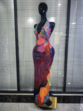 Shining Colorful Print Rhinestones Women Sexy Halter Backless Mesh Long Gowns Dress Nightclub Party Birthday Photoshoot Wear