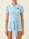 Elegant Sweet Blue Polka Dot Playsuit for Women Puff Sleeve Cutout Design Lace Trim Slimming Playsuits for Vacation