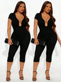 Weird Puss Irregular Low-Neck Playsuit Women Trend Wild Sexy Short Sleeve Patchwork Classic Fashion Simple Stretch Streetwear