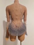 Sexy Sparkling Crystal Bodysuit Long Sleeve See Through Mesh JumpsuitEvening Party Bar Dancer Stage Wear For Female Singer