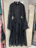Elegant Vintage Green Lace Midi Dress for Women High Neck Sheert Flare Sleeve Belted Waist Desgin for Luxury Dinners Party