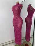 Luxury Crystal Diamonds Long Party Dress Sexy Mesh Sleeveless See Through Evening Prom Birthday Women's Clothing Singer Wear