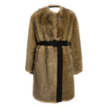 Street Crew Neck Faux Fur Midi Coat Long Sleeve Loose Winter Jacket with Adjustable Fabric Waist Belt Side Pockets for Daily