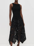 Black Backless Spliced Zipper Dress for Women O Neck Sleeveless Slim Spliced Hollow Out Party Dresses Female Style