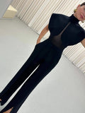 Black Loose Spliced Mesh Jumpsuits for Women Stand Collar Sleeveless Sexy Temperament Jumpsuit Female Fashion New