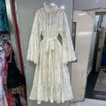 Elegant Vintage Green Lace Midi Dress for Women High Neck Sheert Flare Sleeve Belted Waist Desgin for Luxury Dinners Party