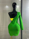 Women Sexy Dress One Shoulder Color Block Long Sleeve Bodycon Celebrity Club Birthday Evening Party Dress
