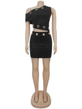 Metal Ring Hollow 2-Piece Set Women Irregular Skew Collar Crop Top+Peach Hip Skirt Matching Sexy Clubwear  Outfits