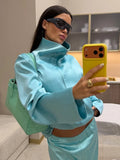 Solid Waist Drawstring Cinched Jacket Women's Satin Pleated Stand Collar Long Sleeves Loose Coat Lady Fashion Daily Outwear New