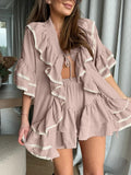 Casual Ruffle Women Two Piece Set V Neck Flare Sleeve Lace Top Short Skirt for Vacation Daily Wear Fashion Summer