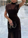 Solid Slimming Spliced Folds Dress for Women O Neck Sleeveless Elegant Temperament Dresses Female Summer Fashion