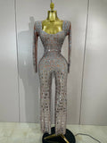 Sexy Perform Costume Sparkly Rhinestones Sequins Long Sleeves Print Jumpsuit Women Evening Party Birthday Nightclub Stage Wear