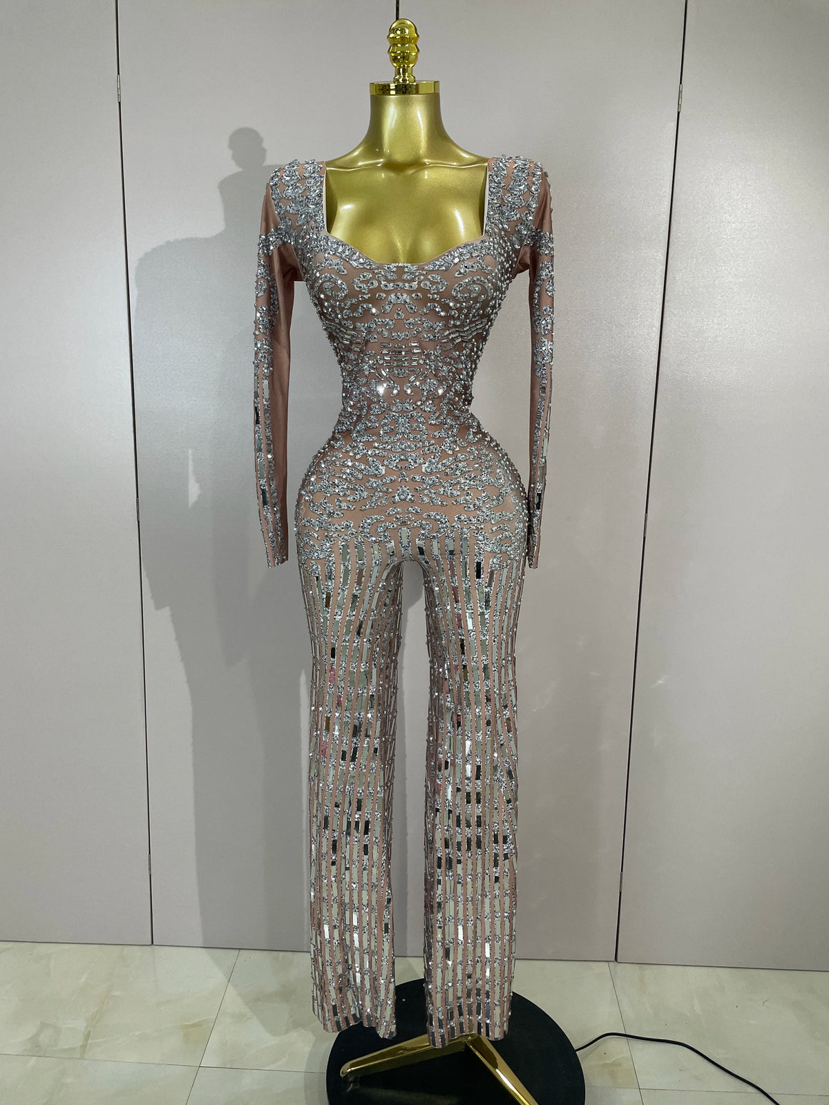 Sexy Perform Costume Sparkly Rhinestones Sequins Long Sleeves Print Jumpsuit Women Evening Party Birthday Nightclub Stage Wear