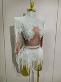 Women Sparkly Rhinestone Sequin Tassel Stretch Bodysuits 2025 New Arrival Birthday Party Nightclub Dj Stage Performance Costume