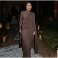 Irregular Brown Lace Uppleated Maxi Dresses Elegant Women's Full Sleeve Slim Fit Patchwork Robes 2025 New Evening Party Gowns