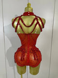 New Luxury Sparkly Red Rhinestones Stretch Bodysuit Women Birthday Party Nightclub Bar Singer Dancer Performance Stage Costume