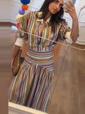 Boho Colorful Stripe Midi Skirt Set Turn Down Collar Single Breasted Long Sleeve Shirt Fitted Waist Flowy Women Skirts Outfits
