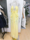 Sexy Yellow Chiffon Halter Maxi Dress Lady Chic Hollow Out Backless Lace Up Sleeveless See Through Robe Female Spring Party Wear