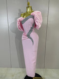 Shiny Rhinestones Pleat Pink Off The Shoulder Bodycon Long Bandage Dress Celebrate Evening Party Luxury Birthday Wedding Dress