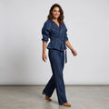 Women Dark Blue Denim Sets Vintage Lapel Belted Peplum Long Sleeve Cuff Top Wide Leg Pants Outfit 2026 Lady Autumn Chic Suits