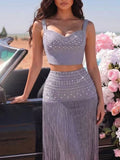 Glam Rhinestone Fringe 2 Piece Set for Women Sweetheart Neck Crop Cami Top High Waist Floor Length Skirt for Evening Party