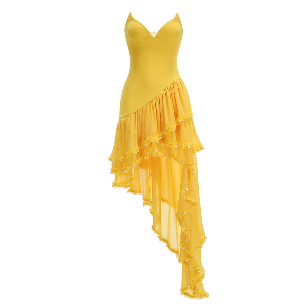 Fashion Yellow Pearl Bead Irregular Draped Dress Women Elegant Strapless High Waist Vestido Summer Lady Club Gowns