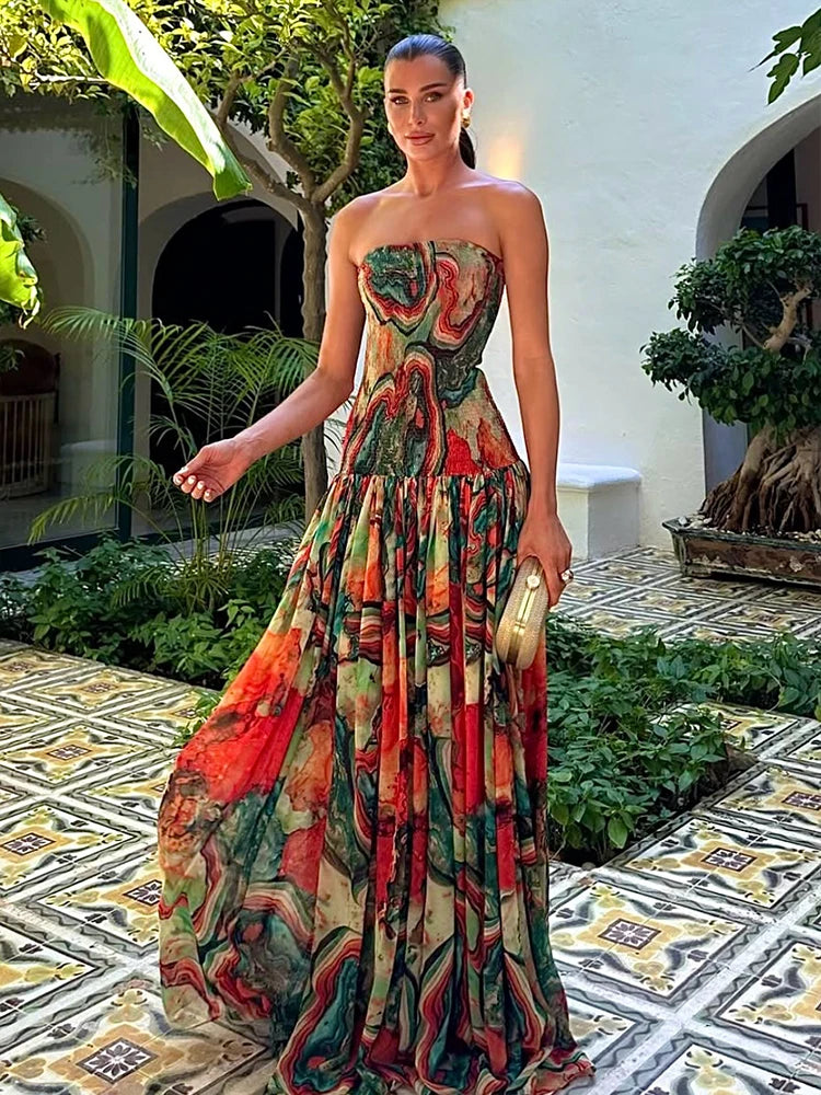 Lady Printed Strapless Dress Elegant Fashionable Colorful Waist Pleated Long Gowns Women Summer New Vacation Party Robes 2025