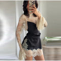 Elegant Lace Patchwork Satin Mini Dress Women High Collar Flare Sleeve See Through Party Dresses Autumn Lady Evening Robes