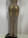 Luxery Sparkly Rhinestones Tassel Transparent Mesh Stretch Long Dress Women Evening Celebrate Birthday Dress Sexy Stage Costumes