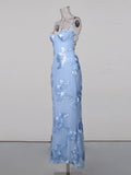 Hot Girl Blue Maxi Dresses for Women Square Collar Sleeveless Patchwork Embroidery Party Fishtail Dress Female New