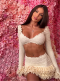 Women's White Skirts Set Sexy V-neck Long Sleeve Ruffled Crop Tops & Mini Skirts With Layered Hem Lady 2026 Chic Party Outfits