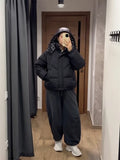 Casual Hooded Puffer Jacket Women Plaid Lining Drawstring Collar Quilted Warm Padded Elastic Cuff Coat Winter Oute Street Wear