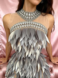 Women Eveing Birthday Prom Sparkly Diamond 3D Acrylic Leaf Mesh Transparent Mini Dress Luxury Party Nightclub Bar Stage Costume