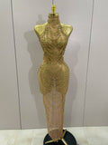 2026 Women Birthday Party Gown Stage Singer Performance Costume Luxury Sparkly Gold Rhinestone Sexy Transparent Mesh Long Dress