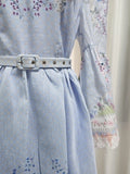 Blue Retro Romantic Floral Print Swing Dress for Women Stand Collar Flare Sleeve Waist Tie Design Mid Skirt for Travel Shoot