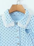 Elegant Sweet Blue Polka Dot Playsuit for Women Puff Sleeve Cutout Design Lace Trim Slimming Playsuits for Vacation