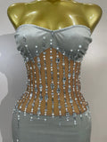 Sexy Strapless Rhinestone Pearl Chain Mesh Mini Dress Women Luxury Birthday Party Nightclub Celebrity Stage Performance Outfit