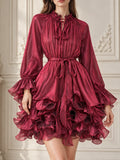 Ruffled Mock Neck Mini Dress for Women Tie Neck Long Sleeve Flare Cuff Self Tie Sash Waist Tiered Ruffle for Party Occasions
