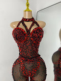 Sparkly Diamonds Women Long Sleeveless See Through Mesh Tight Jumpsuit Costume Nightclub Dancer Outfit Performance Stage Wear