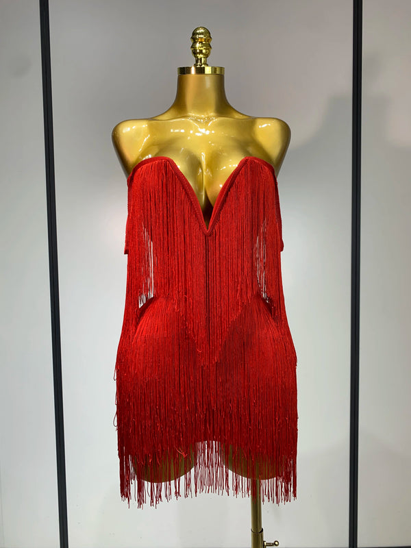 Women Sexy Strapless Tassel Off Shoulder Bandage Dress Fancy Club Celebrity Evening Party Mini Bodycon Dress Birthday Vestido