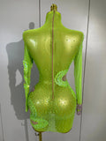 New Sexy Sparkly Diamonds Sequin Long Sleeves Mesh Transparent Mini Dress Eveing Party Nightclub Bar Stage Phootshoot Outfits