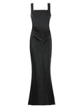 Sexy Satin Evening Long Dresses for Women Square Collar Sleeveless High Waist Folds Slimming Bodycon Dress Female