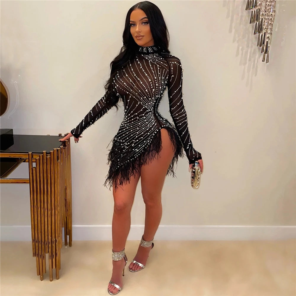 Sexy Pearls Rhinestone Party Dresses Women Elegant Nightclub Feather Birthday Dress Long Sleeve Mesh Sheer Bodycon Dress