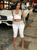 Patchwork 2-Piece Set Women Backless Halter Low-Neck Vest+Folds Elastic Waist Short Fashion Polka Dot Print Suits