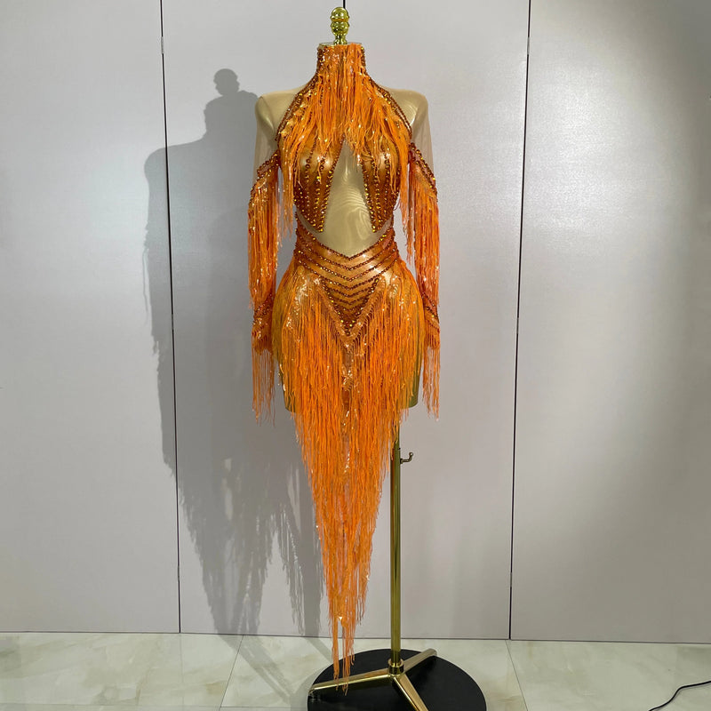 Women Sparkly Diamond Orange Tassel Latin Dance Outfits Long Sleeves Mesh Transparent Dress Bar Nightclub Party Club Stage Wear
